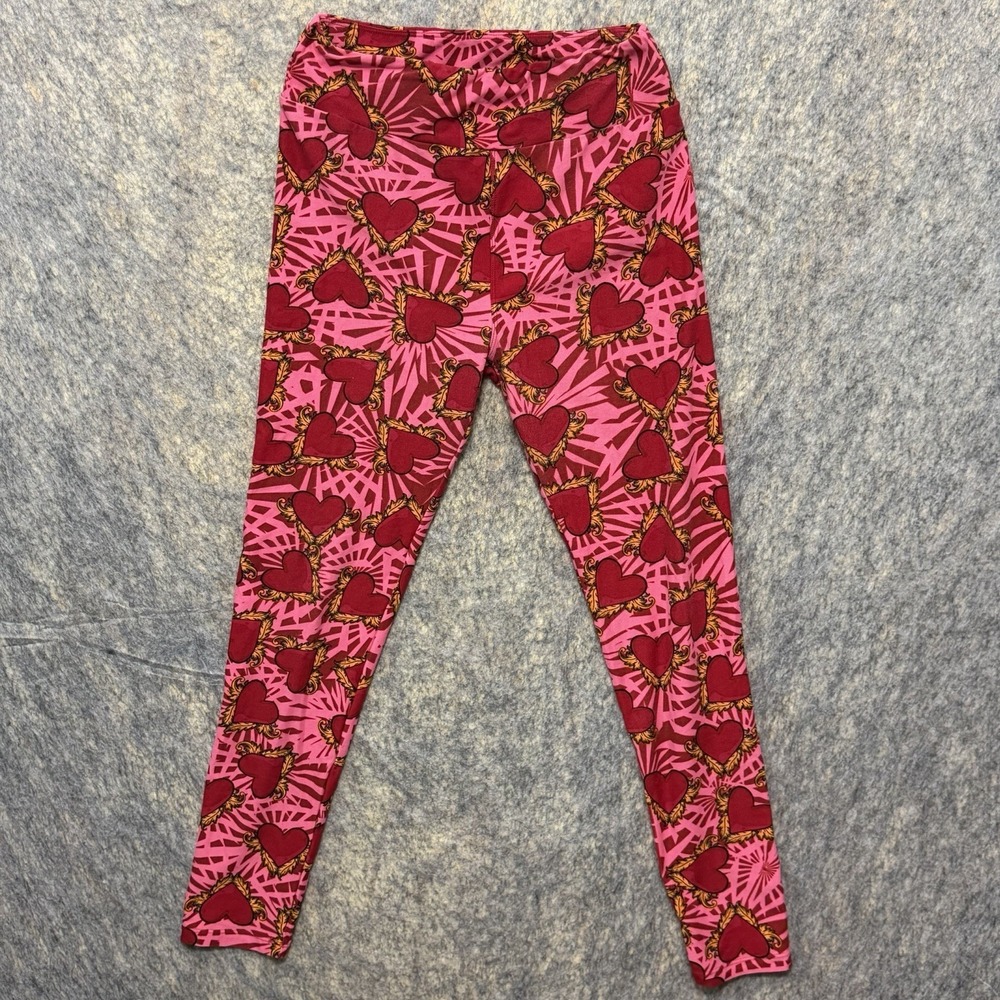 LuLaRoe One Size Leggings Pink Red Heart Valentine Baroque Graphic Womens